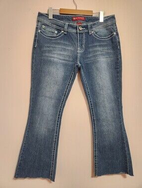 Y2K Red Rivet Medium Wash Rhinestone Bling Flap Pocket Raw Hem Flare Jeans 15/33